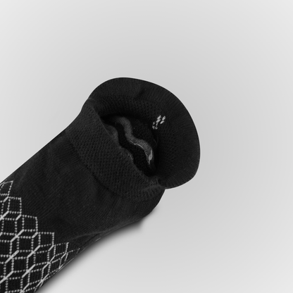 View of the elastic band of Black Organic Cotton Ankle Tab Grip Sock