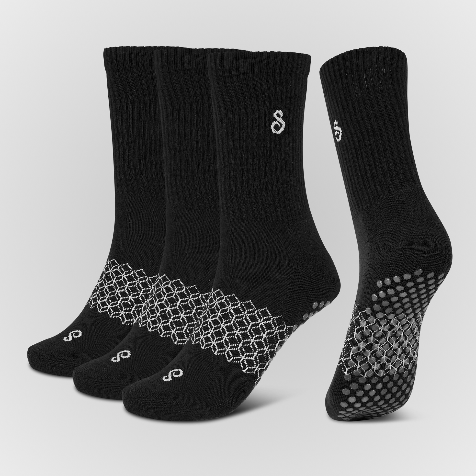 Black Organic Cotton Crew Grip Socks. For sports, non-slip socks 