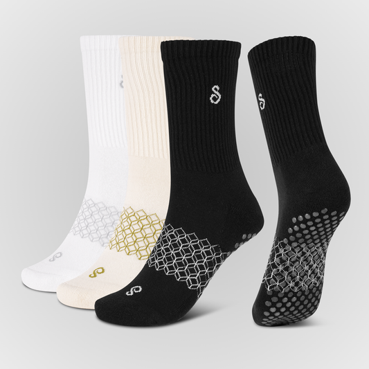 Organic Cotton Crew Grip Socks Mixed color Black, White, Natural Undyed for Pilates & yoga 
