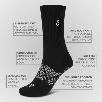 Image Premium Organic Cotton Crew Grip Socks Black. non-slip socks