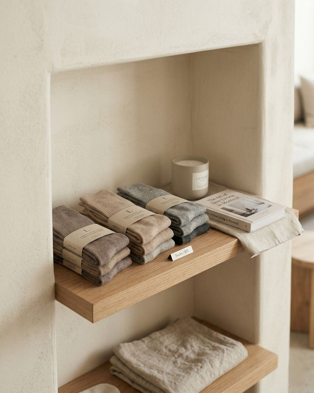 Premium socks displayed in a boutique hotel retail shelf with curated merchandising