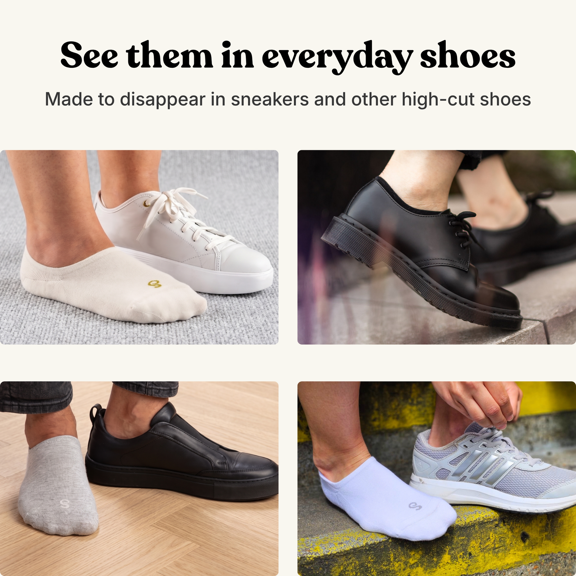 A four-panel promotional collage showing hipSwan Chill low-cut socks worn over various shoes: white sneakers, black dress shoes, a black slip-on shoe, and a gray athletic sneaker. Text at the top reads, 'See them in everyday shoes' and 'Made to disappear in sneakers and other high-cut shoes. 