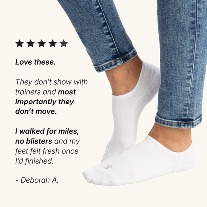 Hipswan Chill White no-show socks worn on feet with blue jeans, shown beside a five-star review quote on a light cream background.