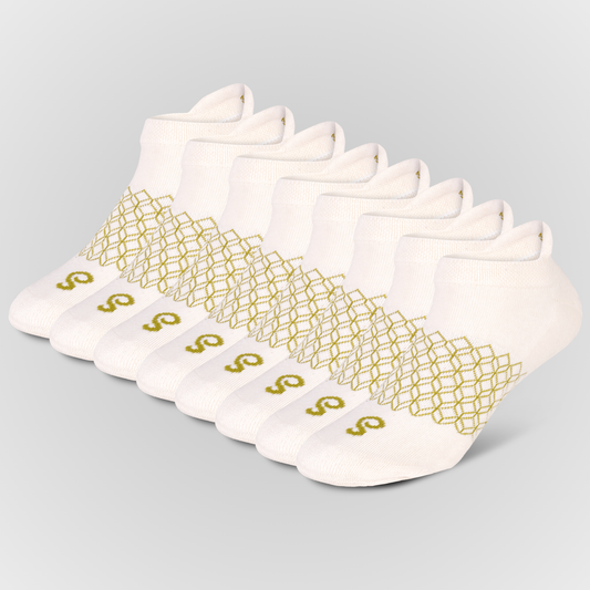 Eight natural undyed cotton hipSwan Flow Ankle low-cut ankle grip socks arranged in a fan shape on a light gray background. Each sock features a repeating geometric pattern in olive green on the lower half and a small matching logo on the toe.