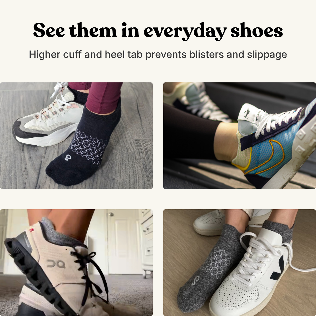 A promotional collage showing four pairs of hipwan's Roam Ankle socks worn with different running shoes. The socks have a high cuff and a textured geometric pattern around the foot, with text at the top reading 'See them in everyday shoes' and 'Higher cuff and heel tab prevents blisters and slippage'.