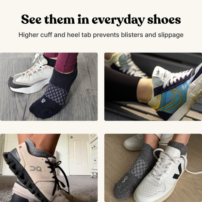 A promotional collage showing four pairs of hipwan's Roam Ankle socks worn with different running shoes. The socks have a high cuff and a textured geometric pattern around the foot, with text at the top reading 'See them in everyday shoes' and 'Higher cuff and heel tab prevents blisters and slippage'.