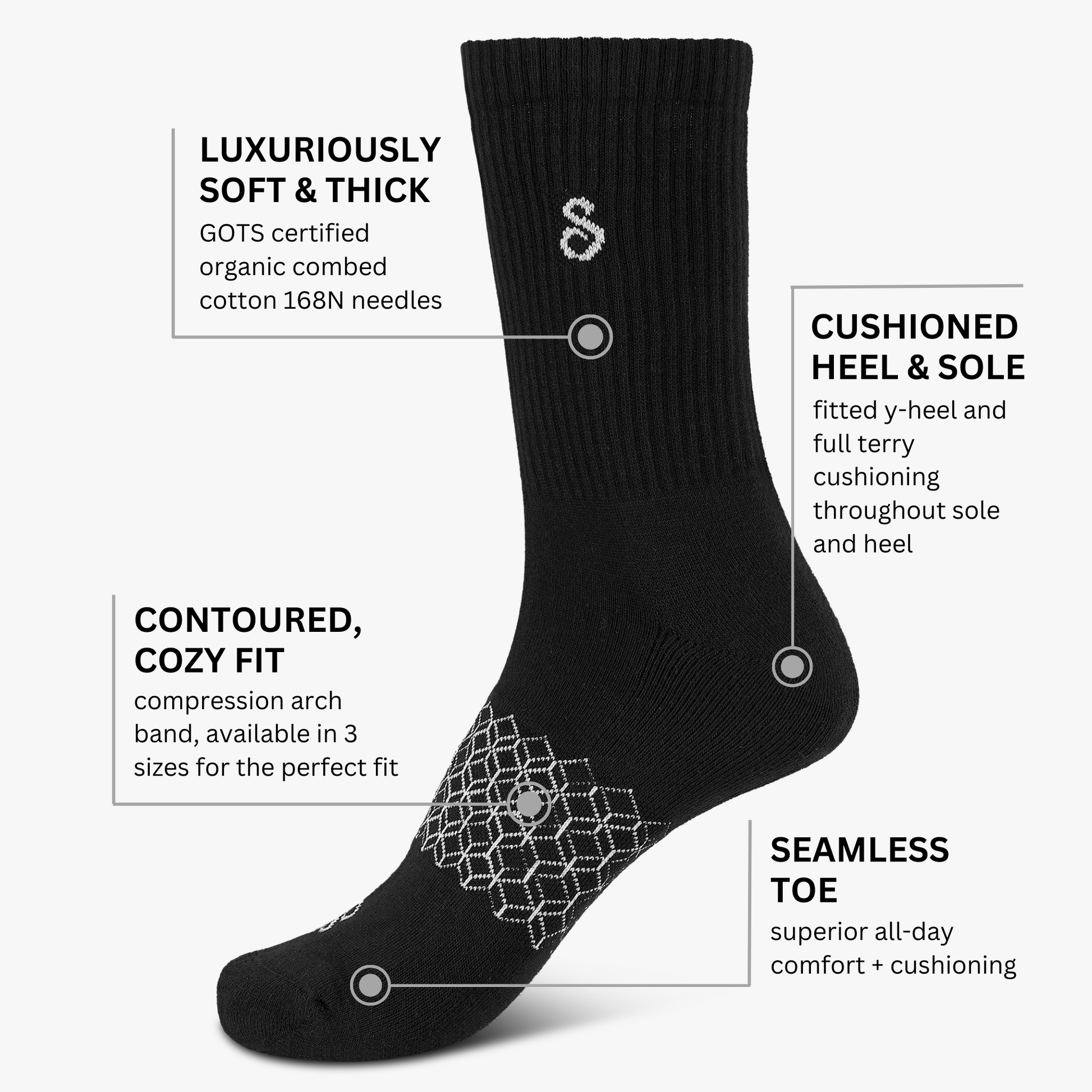 Black organic cotton cushioned crew sock with text highlighting features on a white background