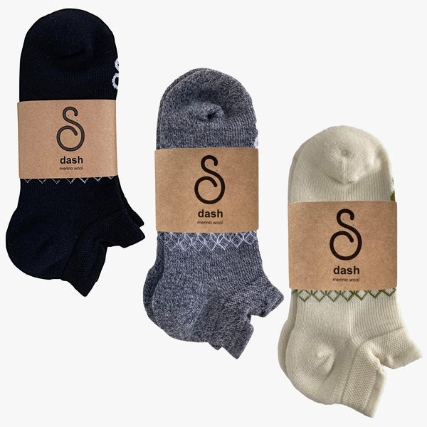 merino wool trainer socks - black grey natural undyed - 3 pack